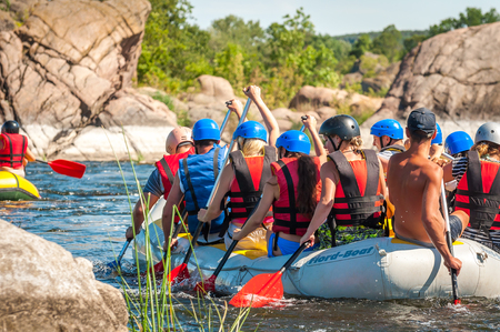 Village Mihia, Mykolayiv region, Ukraine - July 2, 2017: Rafting and kayaking. A popular place for extreme family and corporate recreation as well as training for athletes.のeditorial素材