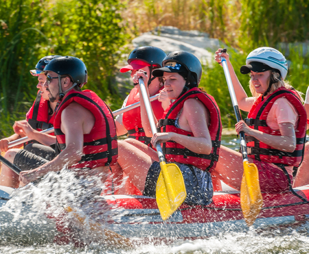 Village Mihia, Mykolayiv region, Ukraine - July 2, 2017: Rafting and kayaking. A popular place for extreme family and corporate recreation as well as training for athletes.のeditorial素材
