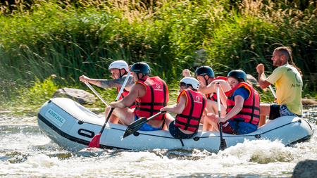 Village Mihia, Mykolayiv region, Ukraine - July 2, 2017: Rafting and kayaking. A popular place for extreme family and corporate recreation as well as training for athletes.のeditorial素材