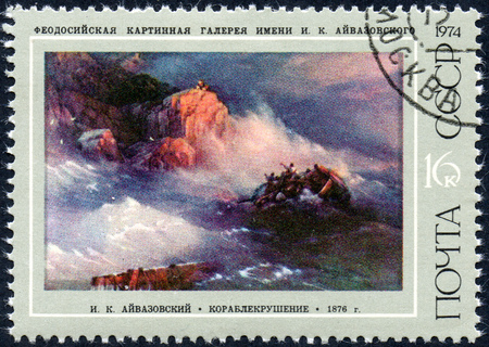 UKRAINE - CIRCA 2017: A postage stamp printed in USSR shows a painting Shipwreck, by Ivan Aivazovski, from the series Russian Paintings, circa 1974のeditorial素材