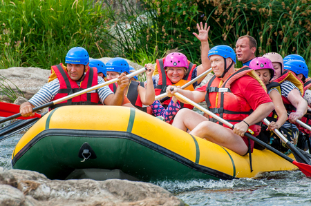 Village Mihia, Mykolayiv region, South Bug River, Ukraine - July 9, 2017: Rafting and kayaking. A popular place for extreme family and corporate recreation as well as training for athletes.のeditorial素材