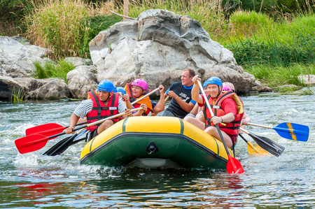 Village Mihia, Mykolayiv region, South Bug River, Ukraine - July 9, 2017: Rafting and kayaking. A popular place for extreme family and corporate recreation as well as training for athletes.のeditorial素材