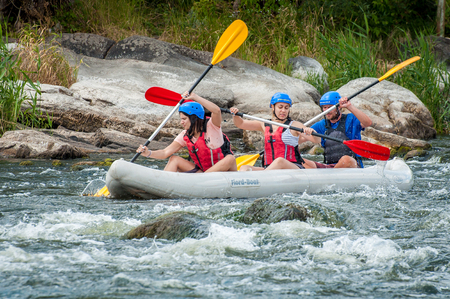 Village Mihia, Mykolayiv region, South Bug River, Ukraine - July 9, 2017: Rafting and kayaking. A popular place for extreme family and corporate recreation as well as training for athletes.のeditorial素材