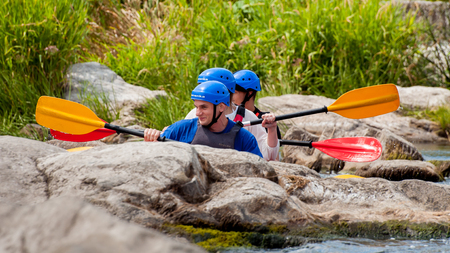 Village Mihia, Mykolayiv region, South Bug River, Ukraine - July 9, 2017: Rafting and kayaking. A popular place for extreme family and corporate recreation as well as training for athletes.のeditorial素材