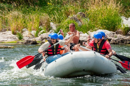 Village Mihia, Mykolayiv region, South Bug River, Ukraine - July 9, 2017: Rafting and kayaking. A popular place for extreme family and corporate recreation as well as training for athletes.のeditorial素材
