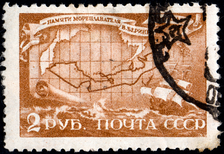UKRAINE - CIRCA 2017: A postage stamp printed in USSR shows Death Bicentenary of Vitus Bering., circa 1943.のeditorial素材
