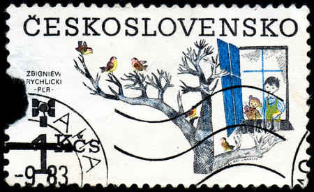 UKRAINE - CIRCA 2017: A stamp printed in Czechoslovakia shows 9th Biennial of Illustrations for Children and Youth, Zbigniew Rychlicki, circa 1983のeditorial素材
