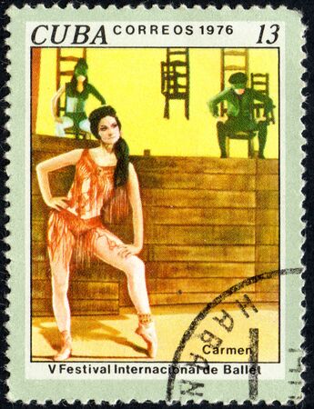 UKRAINE - CIRCA 2017: A stamp printed in Cuba shows Carmen, 5th International Ballet Festival from series International Ballet Festival, circa 1976のeditorial素材