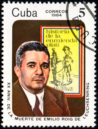 UKRAINE - CIRCA 2017: A postage stamp printed in Cuba shows Emilio Roig de Leuchsenring 1889-1964, Historian from series 20 Anniversary of the death of Emilio Roig de Leuchsenring, circa 1984のeditorial素材