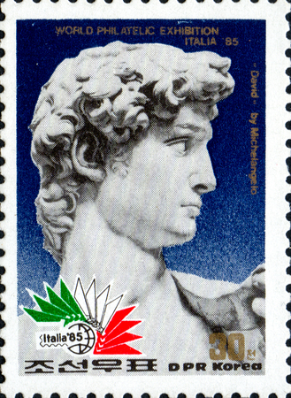 UKRAINE - CIRCA 2017: A postage stamp printed in North Korea shows Head of Michelangelo's David, from series International Stamp Exhibition ITALIA 85, circa 1985のeditorial素材