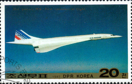 UKRAINE - CIRCA 2017: A postage stamp printed in North Korea shows Concorde jetliner, from series Airplanes, circa 1987のeditorial素材