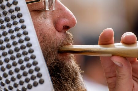 Jewish hasid blows Shofar. Uman, Ukraine - 21 September 2017: Rosh Hashanah, Jewish New Year.のeditorial素材