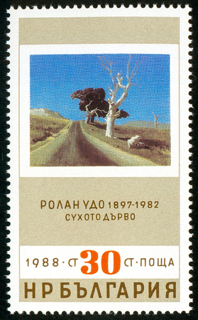 UKRAINE - circa 2017: A postage stamp printed in Bulgaria shows The dry tree; by Roland Udo, Series Gallery of the Foundation Lyudmila Schivkova, circa 1988のeditorial素材