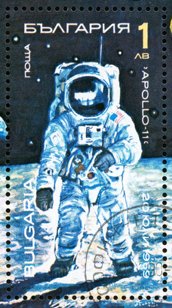 Ukraine - circa 2017: A print in Bulgaria shows picture Neil Armstrong from Apollo II on Lunar Surface. Series: Space Research, Exploration. Circa 1990.のeditorial素材