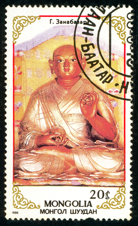 Ukraine - circa 2017: A postage stamp printed in Mongolia shows drawing Buddhist statue. Series: Buddhist God Figures. Circa 1988.のeditorial素材