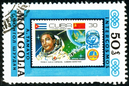 Ukraine - circa 2018: A postage stamp printed in Mongolia show Copy of Cuban stamp about space. Series: Interkosmos program. Circa 1981.のeditorial素材