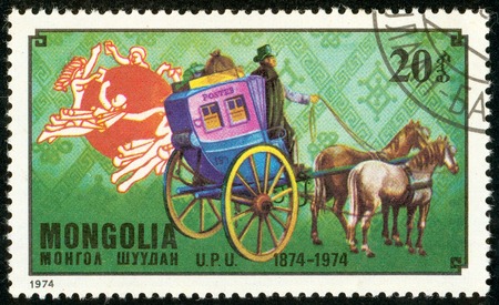 Ukraine - circa 2018: A postage stamp printed in Mongolia show French post coach. Series: U.P.U. Universal Postal Union, Centenary. Circa 1974.のeditorial素材