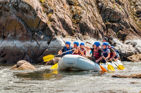 Village Mihia, Mykolayiv region, Ukraine - July 2, 2017: Rafting and kayaking. A popular place for extreme family and corporate recreation as well as training for athletes.のeditorial素材