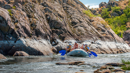 Village Mihia, Mykolayiv region, Ukraine - July 2, 2017: Rafting and kayaking. A popular place for extreme family and corporate recreation as well as training for athletes.のeditorial素材