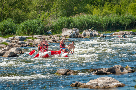 Village Mihia, Mykolayiv region, Ukraine - July 2, 2017: Rafting and kayaking. A popular place for extreme family and corporate recreation as well as training for athletes.のeditorial素材