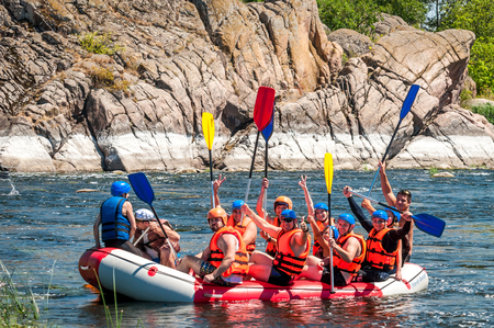 Village Mihia, Mykolayiv region, Ukraine - July 2, 2017: Rafting and kayaking. A popular place for extreme family and corporate recreation as well as training for athletes.のeditorial素材
