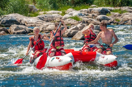 Village Mihia, Mykolayiv region, Ukraine - July 2, 2017: Rafting and kayaking. A popular place for extreme family and corporate recreation as well as training for athletes.のeditorial素材