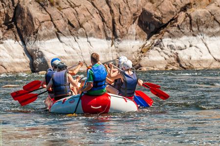Village Mihia, Mykolayiv region, Ukraine - July 2, 2017: Rafting and kayaking. A popular place for extreme family and corporate recreation as well as training for athletes.のeditorial素材