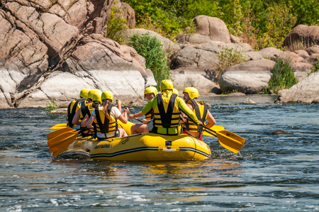 Village Mihia, Mykolayiv region, Ukraine - July 2, 2017: Rafting and kayaking. A popular place for extreme family and corporate recreation as well as training for athletes.のeditorial素材