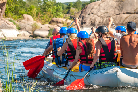 Village Mihia, Mykolayiv region, Ukraine - July 2, 2017: Rafting and kayaking. A popular place for extreme family and corporate recreation as well as training for athletes.のeditorial素材