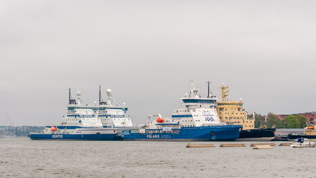 Helsinki, Finland - 4 Sept. 2018: Finnish icebreakers Polaris and Kontio. Polaris is the most environmentally friendly diesel-electric icebreaker in the world, a masterpiece shipbuilding expertiseのeditorial素材