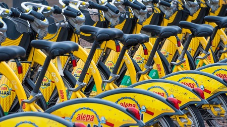 Helsinki, Finland - 4 September 2018: Bicycle rental. Alepa Fillari city bikes parked, waiting for tenantsのeditorial素材