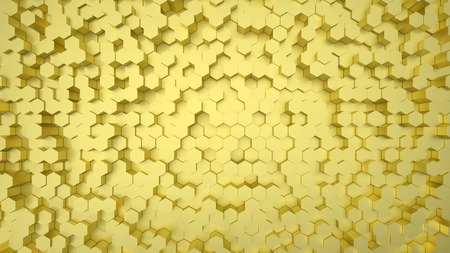 Geometric hexagonal abstract gold background. Surface with hexagonal honeycomb pattern, light and shade. 3D illustration.の写真素材