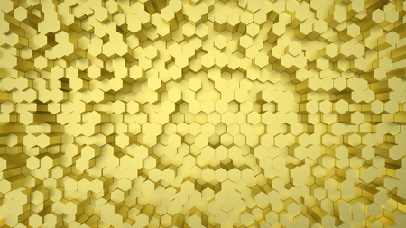 Geometric hexagonal abstract gold background. Surface with hexagonal honeycomb pattern, light and shade. 3D illustration.の写真素材