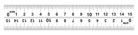 Ruler 15 centimeter. Ruler 150 mm. The direction of marking on the ruler from left to right and right to left. Value of division 0.5 mm. Precise length measurement device. Calibration grid.のイラスト素材