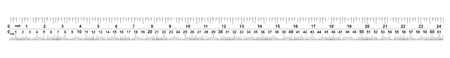 Ruler 24 inshes. Ruler 60 centimeters. Value of division - 32 divisions by inch and 0.5 mm. Precise length measurement device. Calibration grid.のイラスト素材