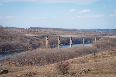 Old concrete bridge over the granite canyon. Landscape, Ukraineの写真素材