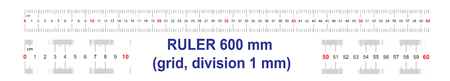 Ruler of 600 millimeters. Ruler of 60 centimeters. Calibration grid. Value division 1 mm. Precise length measurement device. Two-sided measuring instrument.のイラスト素材