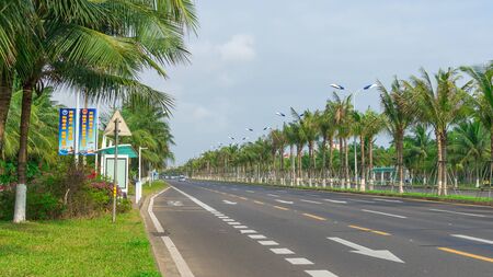 Haikou, Hainan, China - May 12, 2019: Nice view of the roadway. On the dividing line, green tropical palm trees are reinforced with metal structures to protect against frequent typhoons.のeditorial素材