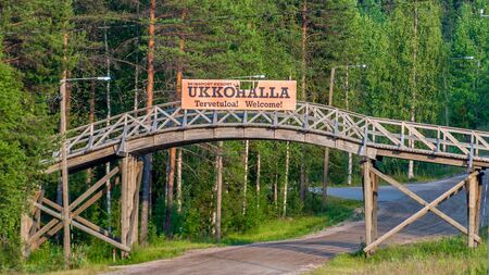 Finland - August 1, 2018. Ukkohalla Ski Resort is located in Central Finland, the Kainuu region. Information sign at the entrance to the ski resort of Ukkohalla. The inscription Welcome in Finnishのeditorial素材