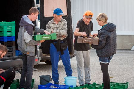 Kontiomaki, Finland - August 29, 2018. Inexperienced mushroom pickers brought mushrooms to the plant for the first time. The mushroom inspector explains how to distinguish good from bad mushroomsのeditorial素材