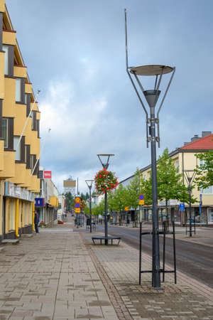 Varkaus, Finland - September 6, 2020: Varkaus is an industrial city in the province of North Savo. Central shopping street Kauppakatu. Cozy, quiet street decorated with flower bedsのeditorial素材