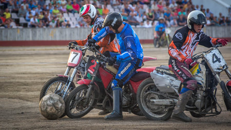 Voznesensk, Ukraine - September 27, 2015: Motoball. Episode of the Ukrainian Championship match between the teams Voskhod (Voznesensk) - Druzhba (Machukhi).のeditorial素材