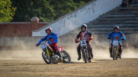 Voznesensk, Ukraine - September 27, 2015: Motoball. Episode of the Ukrainian Championship match between the teams Voskhod (Voznesensk) - Druzhba (Machukhi).のeditorial素材