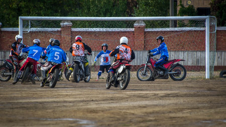 Voznesensk, Ukraine - September 27, 2015: Motoball. Episode of the Ukrainian Championship match between the teams Voskhod (Voznesensk) - Druzhba (Machukhi).のeditorial素材