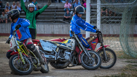 Voznesensk, Ukraine - September 27, 2015: Motoball. Episode of the Ukrainian Championship match between the teams Voskhod (Voznesensk) - Druzhba (Machukhi).のeditorial素材
