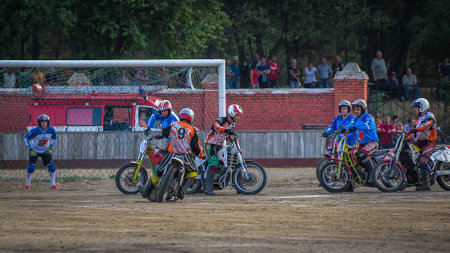 Voznesensk, Ukraine - September 27, 2015: Motoball. Episode of the Ukrainian Championship match between the teams Voskhod (Voznesensk) - Druzhba (Machukhi).のeditorial素材
