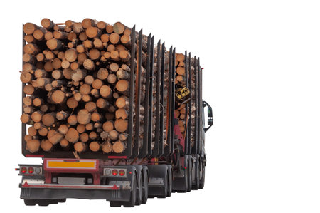 Timber truck transporting wood, unprocessed logs. Concept of deforestation, transportation of commercial timber. Isolated on a white backgroundの写真素材
