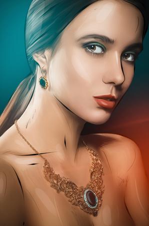 Portrait of young beautiful girl with necklaceの写真素材