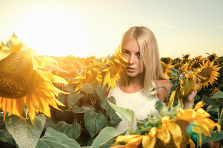 young beautiful woman on a flowering field of sunflowersの写真素材