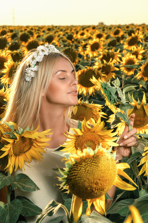 young beautiful woman on blooming sunflower field in summerの写真素材